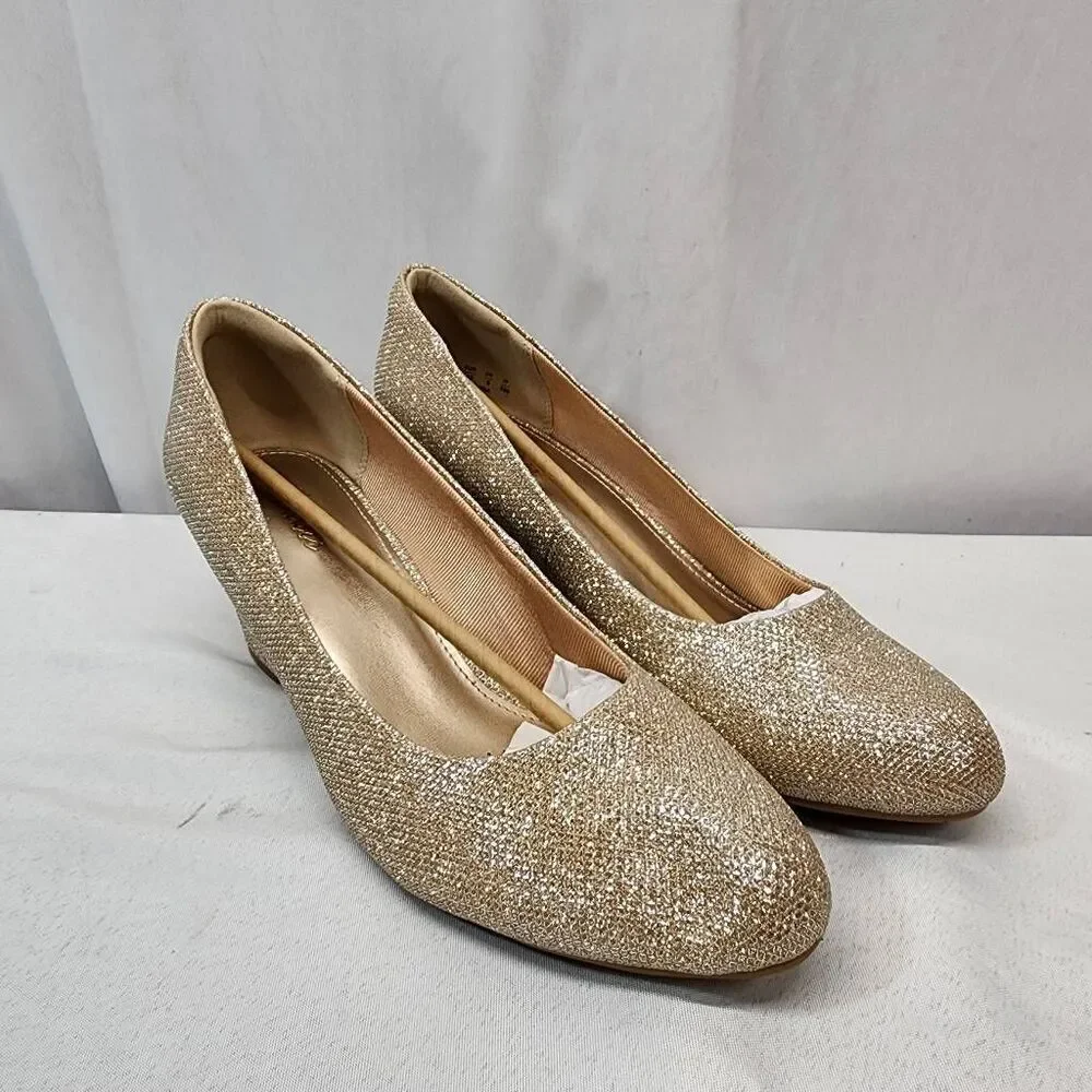 Ankis Women's 11 Wedges Gold Comfortable Medium Heel Wedges Work Pumps Shoes